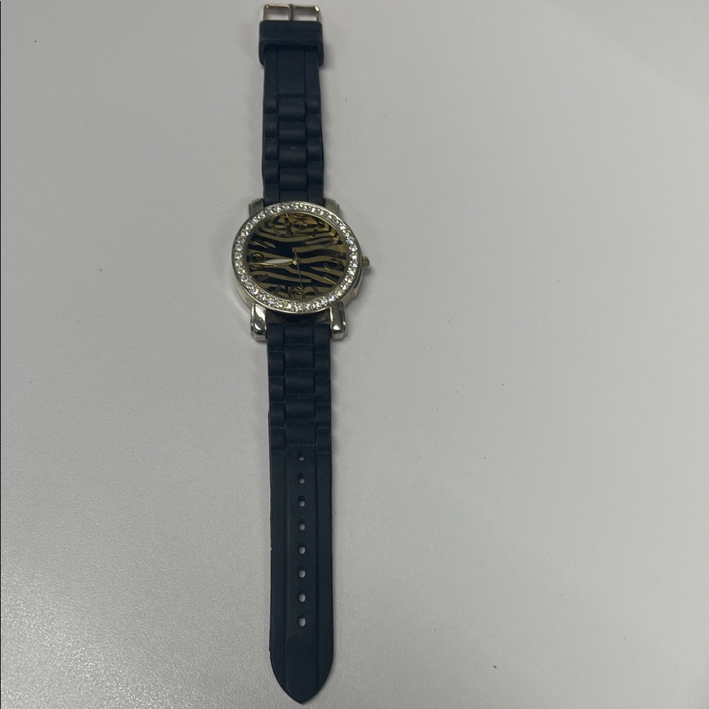 Geneva Platinum Zebra Print Rhinestone Watch with Black Rubber Band